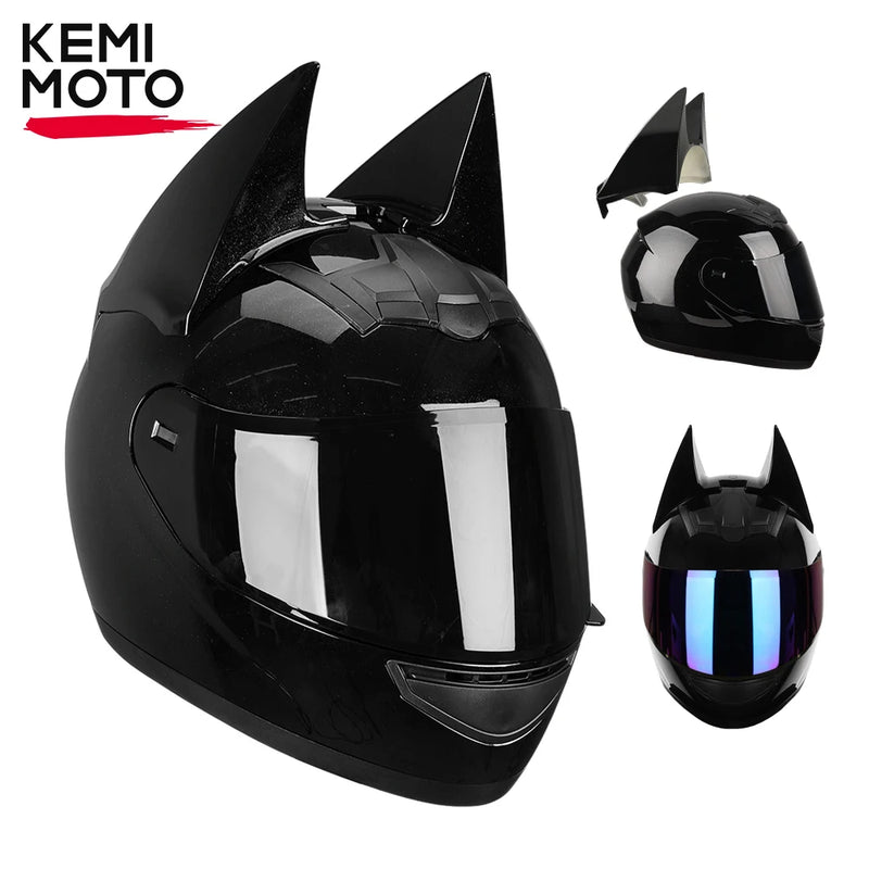 Capacete de motocicleta com orelhas de morcego, rosto inteiro, chifres destacáveis, motocross, corrida, certificação de pontos, capacetes de segurança