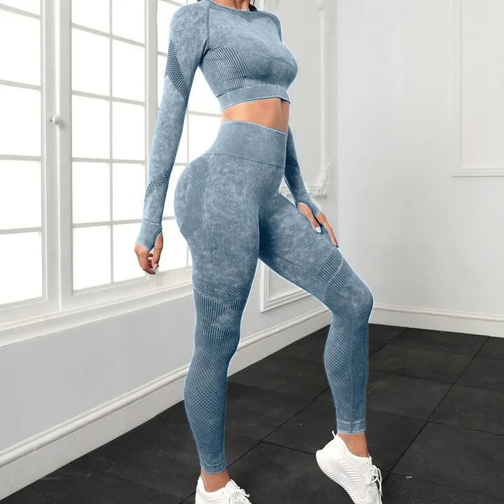 Sem costura conjuntos de yoga feminino treino roupas esportivas ginásio manga longa colheita superior cintura alta leggings treino fitness ternos esportivos