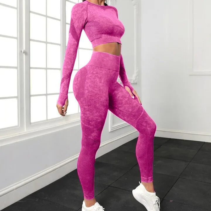 Sem costura conjuntos de yoga feminino treino roupas esportivas ginásio manga longa colheita superior cintura alta leggings treino fitness ternos esportivos
